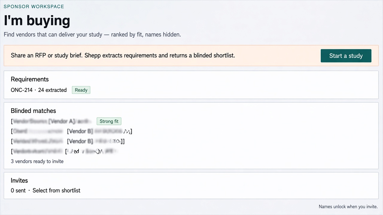 Shepp sponsor workspace: requirements, blinded matches, and invites